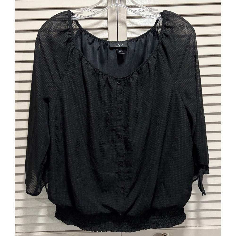 ALYX Black Chiffon Lined Blouse Size L Smocked 3/4 Wide Sleeves Faux‎ Buttons
